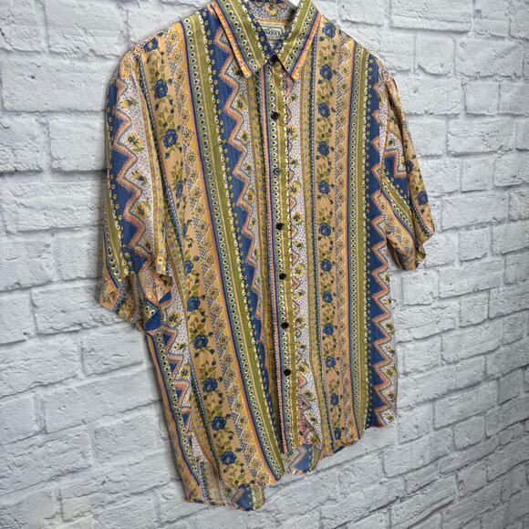 Vintage Croquet Club Short Sleeve Silk Blouse Size M Yellow Floral Boho Cottage - Picture 2 of 5